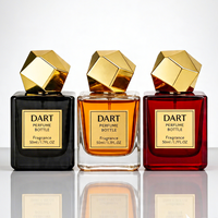 Flacons de parfum carrés en verre de luxe de 30 ml et 50 ml avec bouchon doré géométrique, couleur personnalisée et boîte d'emballage disponibles