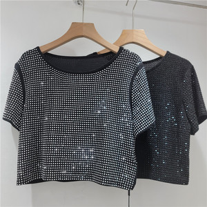 Camiseta holgada de manga corta con cuello redondo y adornos de diamantes de imitación para mujer, camiseta de verano - Product Image 1