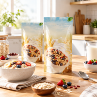 Sachet Doypack Personnalisé Imprimé pour Céréales Granola avec Fermeture Éclair et Fenêtre Transparente pour Aliments pour Animaux, Flocons d'Avoine, Muesli, Fruits, Noix, Emballage Petit-Déjeuner