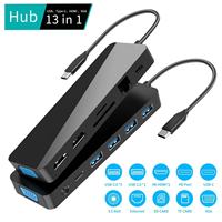 Concentrateur USB multifonction 13 10 en 1 Type c avec triple affichage HD HDTV VGA 100w PD Rj45 Port Ethernet pour téléphone portable PC