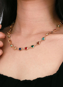 Trendy <b>Boho</b> Style 18K Gold Plated Brass Women's Jewelry Colorful Heart-Shaped Zircon Link Chain <b>Necklace</b> Claw Setting Party - Product Image 3
