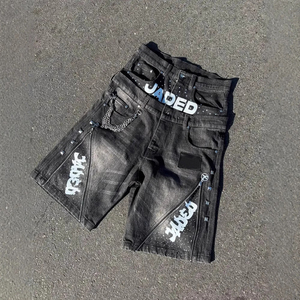 Pantalones Cortos de Mezclilla Negros Holgados Personalizados para Hombre, de Alta Calidad, 100% Algodón, Doble Cintura, Estampado <span class=keywords><strong>Jaded</strong></span>, con Pedrería, Estilo Urbano - Product Image 1