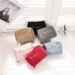 Luxury Embroidery Logo Zipper Ladies Brush Beauty Kit Bag Makeup Pouch Women Clutch Custom Velvet Handbag Cosmetic Storage Bag