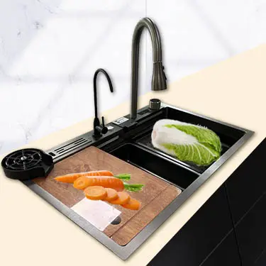 Black Nano Modern Handmade Kitchen Sink 304 Stainlesssteel Sink With Digital Display Faucet