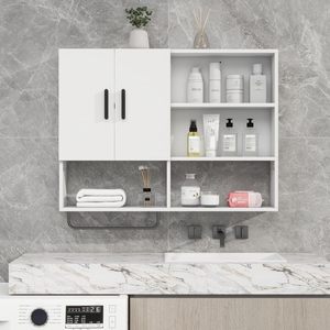 Armoire murale de salle de bain SENYU avec 2 portes, étagères ouvertes, barre porte-serviettes, rangement gain de place, design minimaliste - Product Image 2