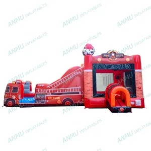 Pawpaw team fire truck bouncy houses with slide and ball pit kids jumping castle inflatable