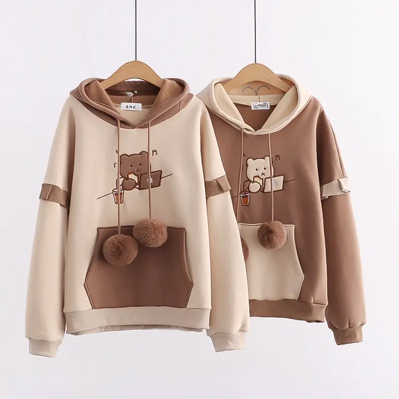 Custom women's cute hoodies fashion pullover hooded wholesale bear embroidered fleece sweatshirt
