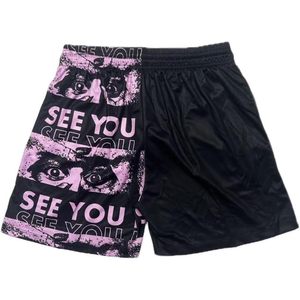 Shorts de sport pour hommes à séchage rapide en mesh, style streetwear, pour le basketball et la gym, avec poches, motif imprimé par sublimation, noir et rose - Product Image 4