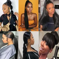 Extensions de cheveux queue de cheval droites avec postiche 100G, noir naturel, cheveux humains brésiliens Remy 100%, queue de cheval à cordon de serrage et clips