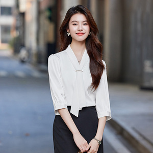 Women's <b>White</b> V Neck Chiffon Blouse 7/8 Sleeve <b>Wrap</b> Tie Solid Color Work Shirt Spring Summer 2025 Elegant Professional Top - Product Image 4