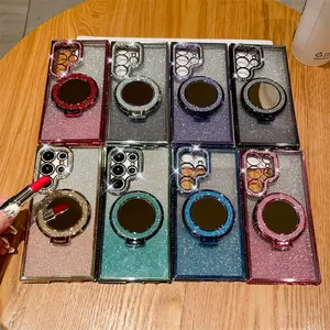 for s24 ultra smart phone 5g mirror stand cases,for samsung s24 pink and purple glitter girls phone case