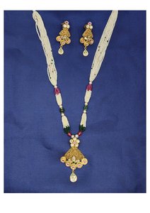Elegante Juego de Collar Tradicional en Tono Dorado con Perlas y Piedras Verdes y Rosas, Joyería Étnica para Novia con Aretes - Product Image 2