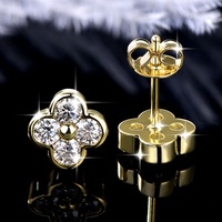 Pendientes de Trébol de Cuatro Hojas de Plata de Ley con Baño de Oro de 14K, Sin Níquel, Brillantes, con Moissanita VVS GRA de 0.1CT, Joyería Fina