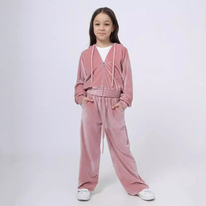 Conjunto de chándal de terciopelo para niñas al por mayor, 2 piezas, sudadera <span class=keywords><strong>con</strong></span> cremallera y pantalones de pierna ancha, ropa deportiva para niños de otoño/invierno, en stock - Product Image 2