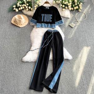 2025 Casual Summer 2-Piece Women's V-neck Short Sleeve High Waist <b>Patchwork</b> Woven Denim Tassel One Set Breathable Anti-static - Product Image 2