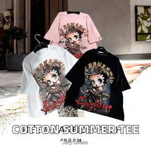 Camiseta Larga de Verano para Mujer, 100% Algodón, Transpirable, Corte Holgado, con Diamantes de Imitación y Diseño de Dibujos Animados, Estilo Casual y Moderno - Product Image 2