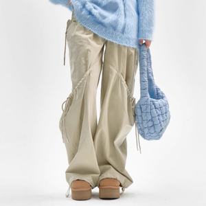 กางเกงคาร์โก้ขายส่ง ผ้าฝ้าย 100% สไตล์เรโทร เอวสูง สีกากี ทรงตรง ขากว้าง สวมใส่สบาย ยางยืด เอวหลวม สำหรับผู้หญิง - Product Image 1