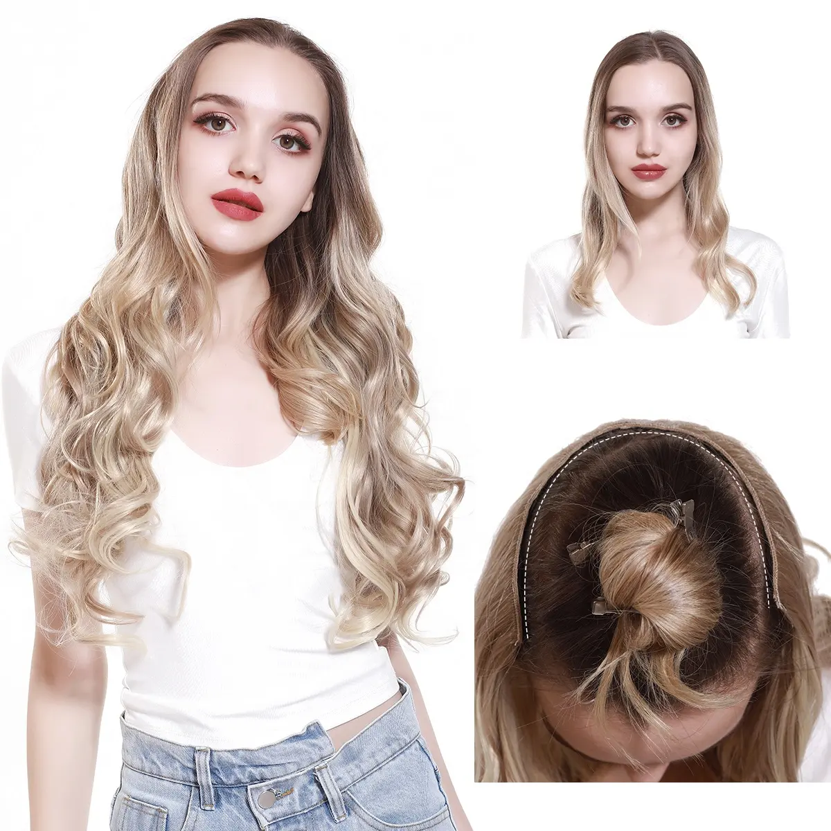 Wholesale 26" 1 Piece Synthetic Curly Seamless Natural Ombre Blonde 5 Clips In Synthetic Hair Extensions Wigs For White Women