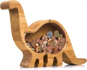 Dinosaur Piggy Bank for Boys Girls Durable and Practical Money Saving Box Natural Oak Wood Transparent Plexiglass Idea saving