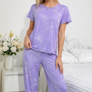 Pyjamas en viscose de bambou pour femme, ensembles de vêtements de détente tricotés, fabricant ODM, impression personnalisée, respirant, grandes tailles, vêtements de nuit pour femmes - Product Image 3