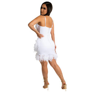 Vestido corto femenino de malla sin mangas para verano, minivestido Sexy ajustado con tirantes para mujer, corsé, plumas, retales, escote Halter, para fiesta y Club nocturno - Product Image 5