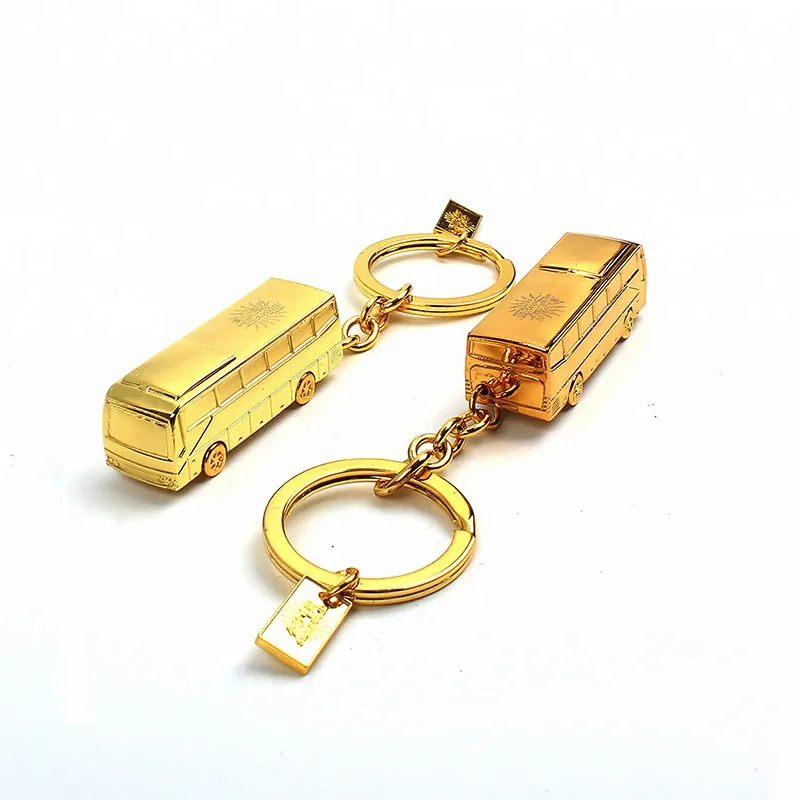 Supplier Low MOQ Unique Electroplate Bus Shaped Laser Word Logo Metal Keychain for Gifts Souvenir