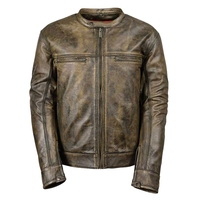 Veste en cuir véritable pour homme, style motard, marron vieilli, fermeture éclair, col montant - Veste en cuir marron vieilli