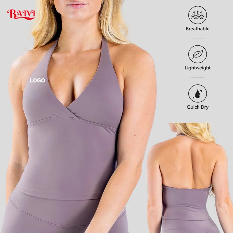 Yoga Top with Chest Pads Breathable Spandex/Nylon V-Neck Sports Bra Backless Sports Workout Fitness Women's Gym Top Custom Logo