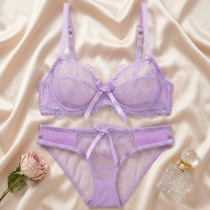 Conjunto de sujetador y bragas de encaje morado para mujer, 2 piezas, conjunto de sujetador sexy transparente, lencería francesa cómoda, conjunto de lencería de talla grande - Product Image 3