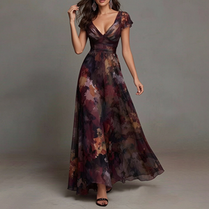Abito lungo da donna stile boho con stampa a olio, scollo a V profondo, maniche corte, in chiffon plissettato con stampa floreale, elegante per <span class=keywords><strong>la</strong></span> spiaggia - Product Image 2