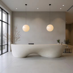 Comptoir d'accueil moderne blanc avec base LED bleue, design unique en forme de coquille - Product Image 3