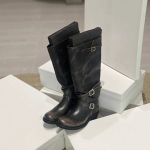 ヴィンテージ風ラブドカラー韓国風乗馬ブーツ;プリーツロングブーツ女性用秋用チャンキーヒールベルトバックル;ニーハイブーツ - Product Image 3