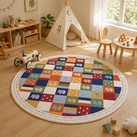 Tapis rond moderne et coloré à motif damier pour enfants, tapis circulaire mignon à motif d'éléphant, tapis de jeu antidérapant pour chambre d'enfant