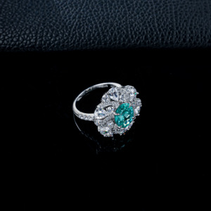 925 Sterling <b>Silver</b> Lab Created Paraiba Color <b>Garnet</b> Oval Cut Floral Halo <b>Ring</b> - Product Image 2