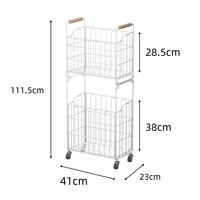 Panier de rangement pliable en acier au carbone pour vêtements sales, à double niveau, rectangulaire, chariot de salle de bain avec poignée en bois