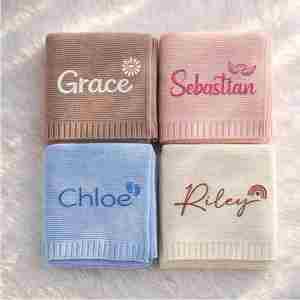 Custom Embroidered Name Baby Blanket, Personalized Knitted Cotton Newborn Blankets, Gift for Baby Shower, Nursery Keepsake - Product Image 1