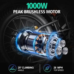 دراجة كهربائية جبلية للطرق الوعرة بمحرك 1000 واط للعجلة الخلفية وبطارية 48 فولت 15 أمبير/ساعة، دراجة هجينة للمدينة بإطارات عريضة للبالغين - Product Image 2
