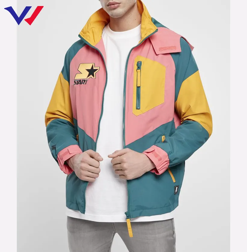 Free logo color block custom made vintage jacket lightweight mens retro 80s 90s embroidery windbreaker jacket for men 2022