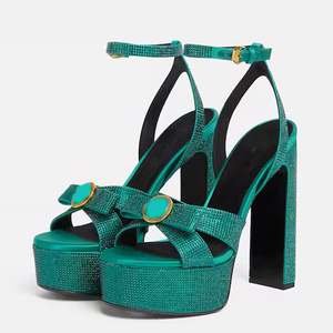 Sandales à plateforme épaisse pour femmes, talons hauts et épais, lanières à la cheville, nœud avant, chaussures d'été ornées de diamants, couleurs personnalisables - Product Image 4