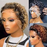 Perruque Courte Pixie Pas Chère 13x1 Lace Frontale T Part Cheveux Humains Coupe Pixie Bob Densité 180% Perruque Bouclée Coupe Pixie