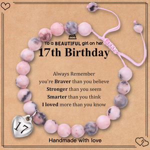 Bracelet en pierre naturelle de jaspe de zèbre rose avec carte de <span class=keywords><strong>message</strong></span>-13e 16e 18e 21e 25e 30e Bracelet en pierre naturelle cadeaux d'<span class=keywords><strong>anniversaire</strong></span> - Product Image 2