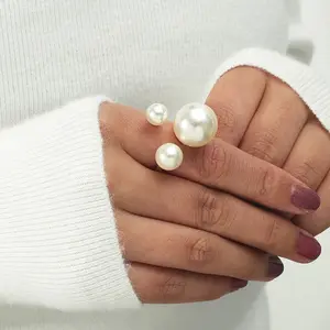 Party Fashion Elegant Pearls Ring Adjustable Finger Rings Gold Plated Rings Women Girls Jewelry