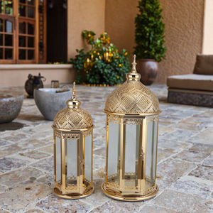 Juego de 2 farolillos de hierro marroquí de <span class=keywords><strong>Metal</strong></span> dorado, candelabro alto de Ramadán para el hogar, mesa, decoración de jardín, estilo elegante de vacaciones - Product Image 2