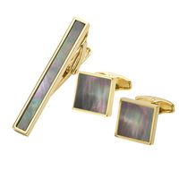 Vente en gros d'accessoires de bijoux personnalisés de haute qualité pour hommes ensemble de boutons de manchette pince à cravate coquille plaqué or en laiton