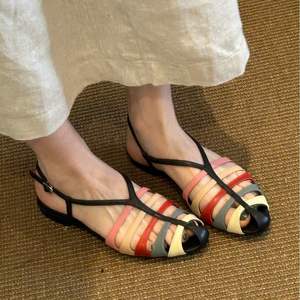 Genuine Sheepskin Color <b>Block</b> Woven <b>Block</b> Heel Roman Sandals Hollow Out Design Flat Women Shoes Easy Match Dresses Summer - Product Image 4