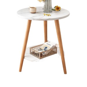 <b>Sofa</b> <b>Side</b> <b>Table</b> Nordic Mini Round Coffee <b>Table</b> With Shelf Living Room Bedside <b>Table</b> Warm White Marble Light Walnut Legs - Product Image 5