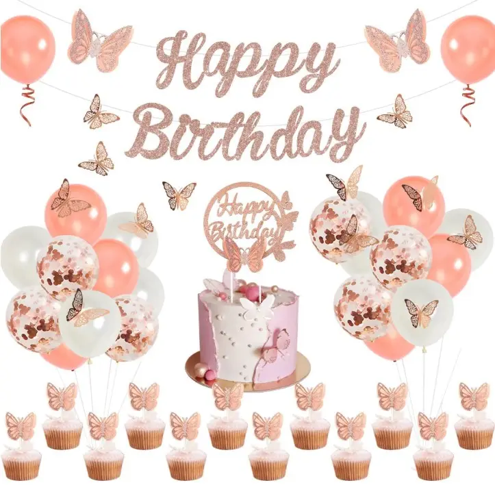Rose Gold Butterfly Birthday Decoration Set Butterfly Happy Birthday Banner cake decor 3D wall sticker birthday party supplies