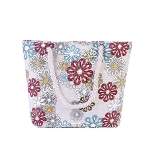 Factory wholesale new printed flower tourism shopping square women's canvas rope handle tote beach bags