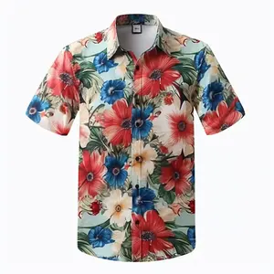 高品质夏季男士加大码涤纶夏威夷沙滩衬衫短袖休闲纽扣衬衫