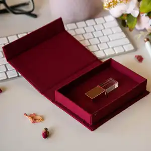 Caixa de presente de casamento de linho de luxo personalizada com capa de linho, álbum de fotos e armazenamento de fotos com USB